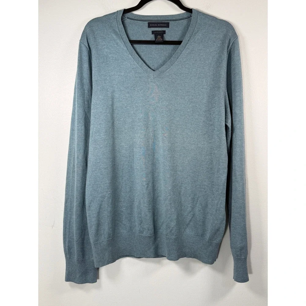 Banana Republic Mens L Silk Cotton Cashmere V-Neck Sweater Blue Teal Luxury